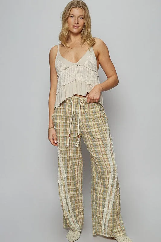 Lace Trim Checkered Wide Leg Pants