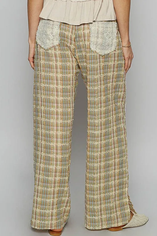 Lace Trim Checkered Wide Leg Pants
