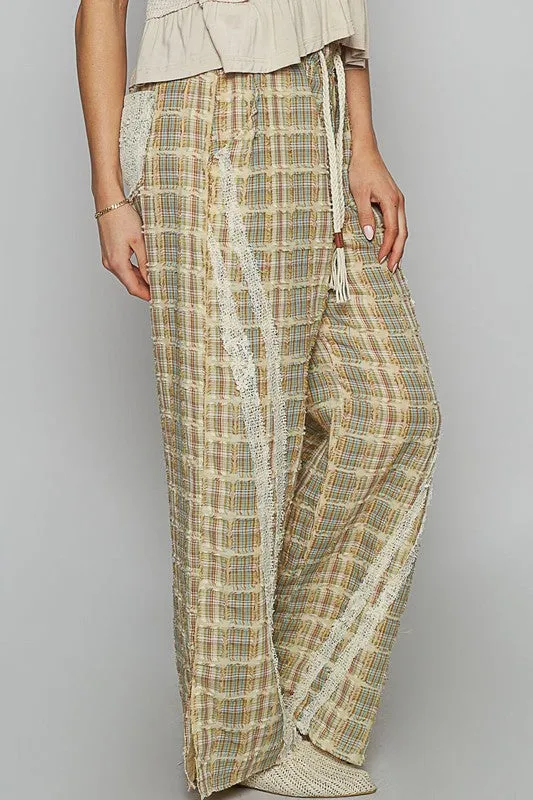 Lace Trim Checkered Wide Leg Pants