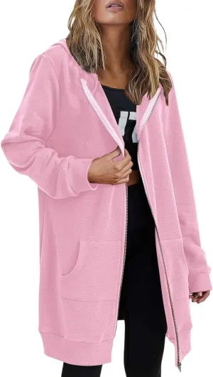 Long Hoodie for Women 2024 Casual Zip Up Drawstring Fleece Sweatshirt Oversized Jackets Coat Fall Clothes