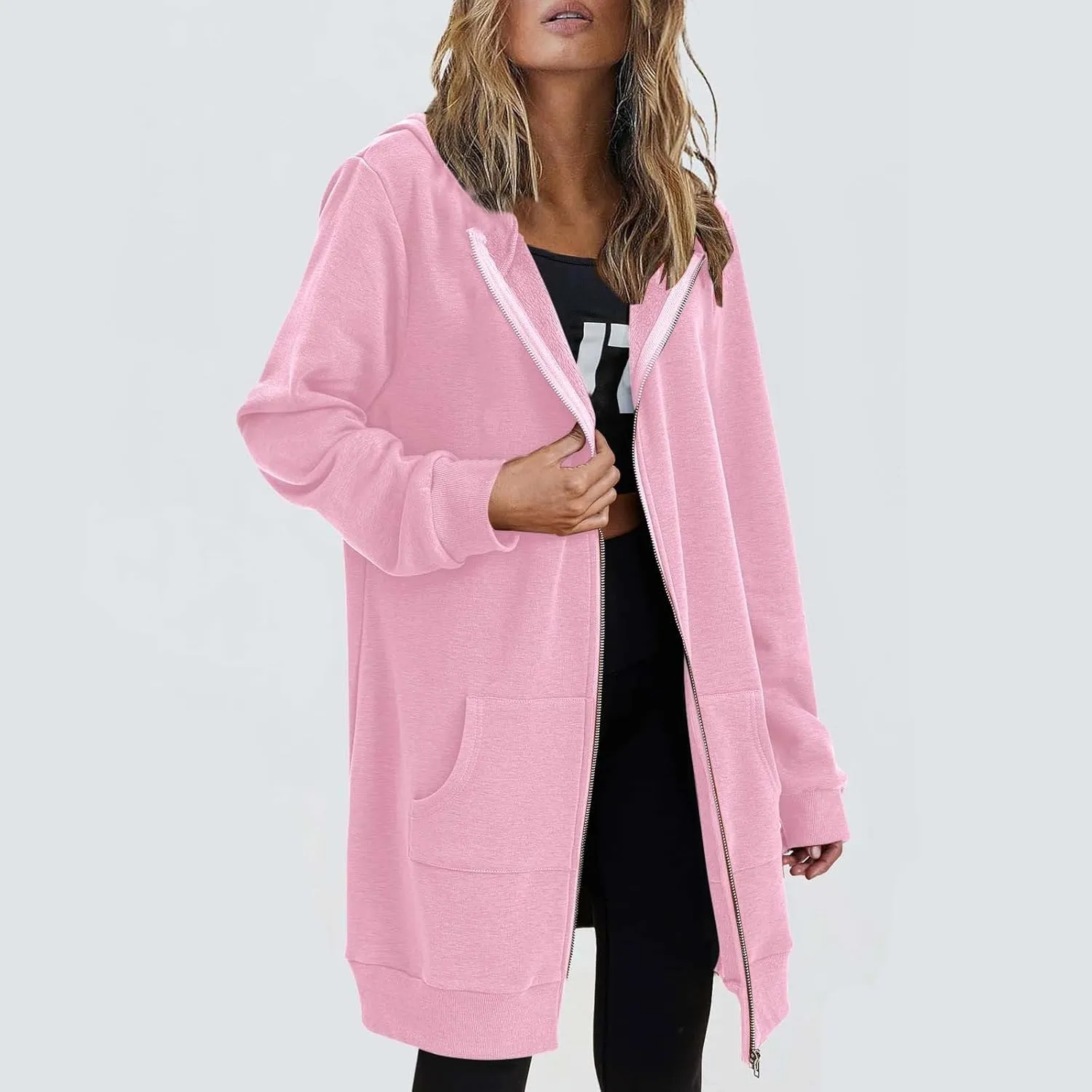 Long Hoodie for Women 2024 Casual Zip Up Drawstring Fleece Sweatshirt Oversized Jackets Coat Fall Clothes