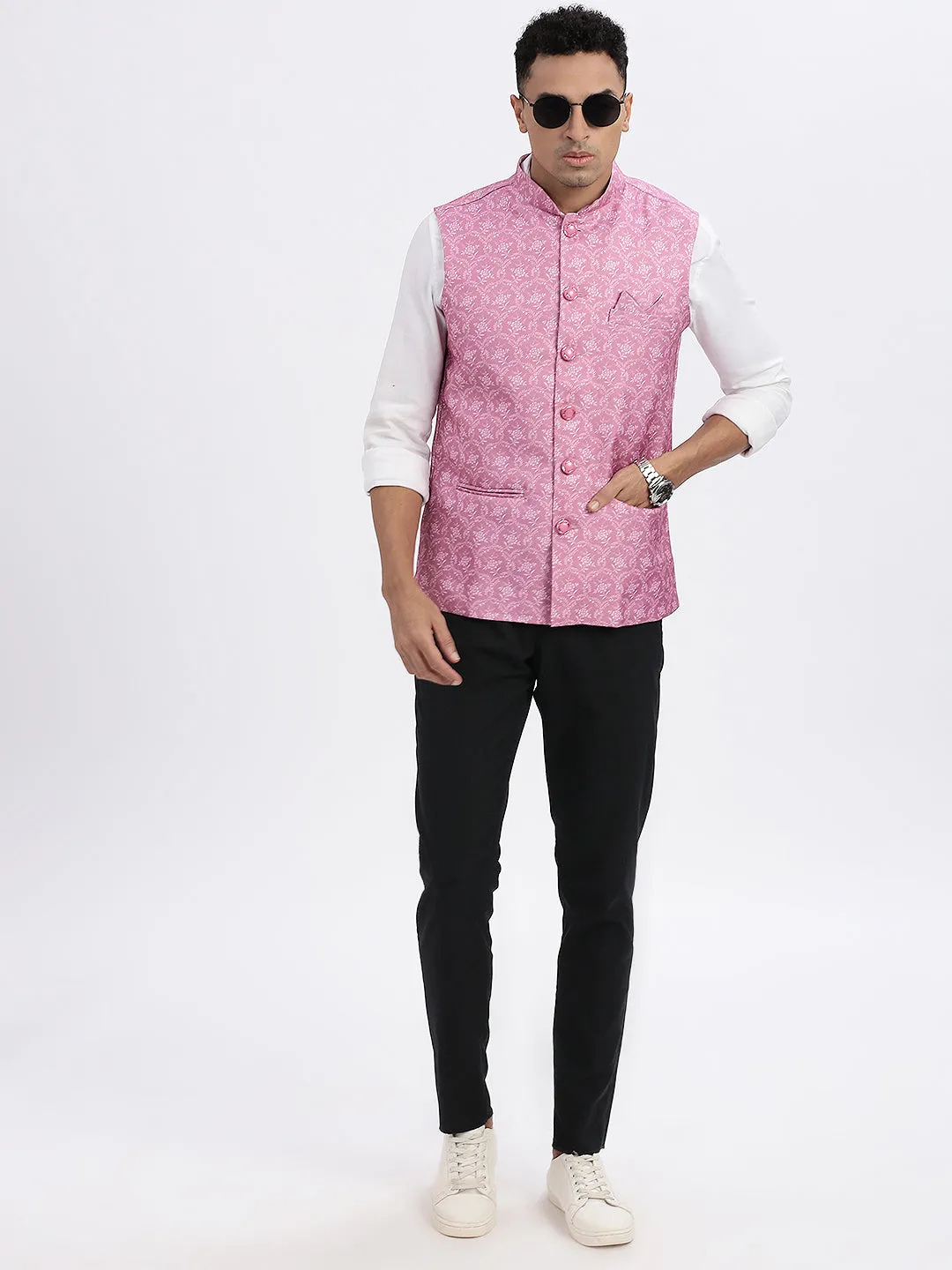 Men Pink Floral Printed Nehru Jackets