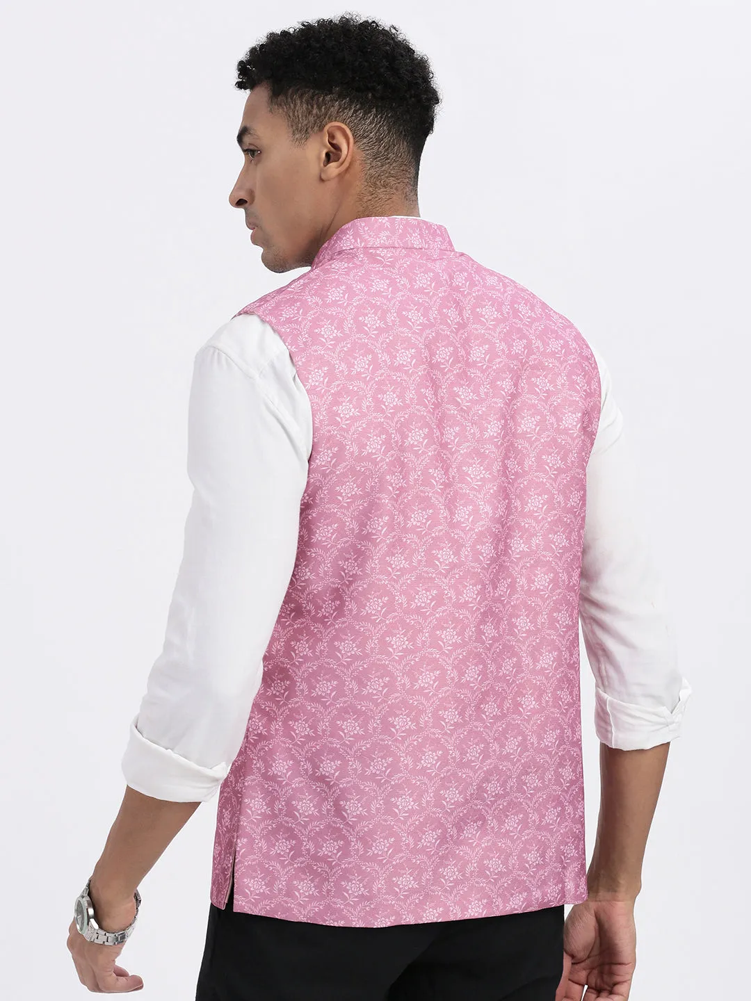 Men Pink Floral Printed Nehru Jackets
