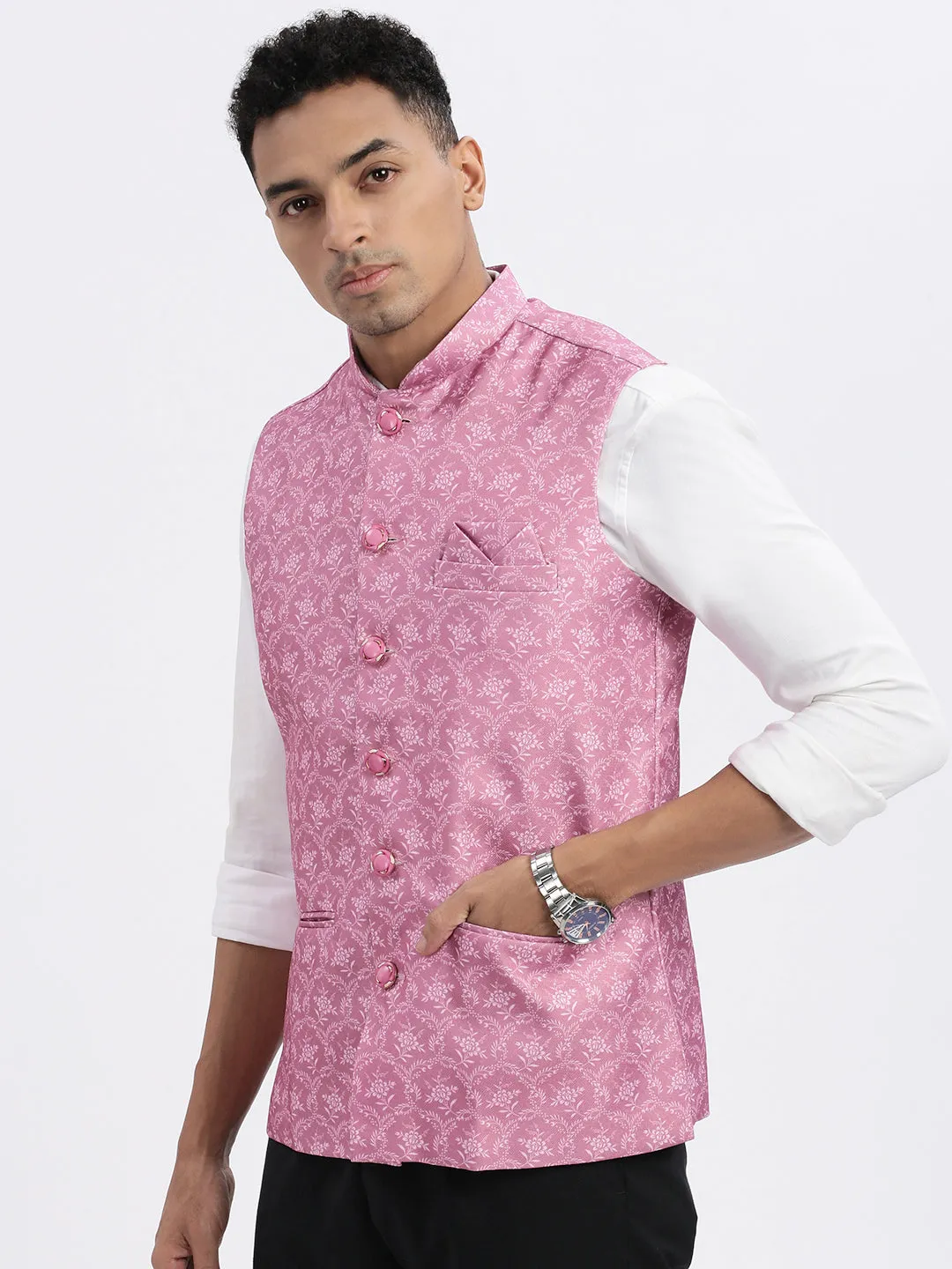 Men Pink Floral Printed Nehru Jackets