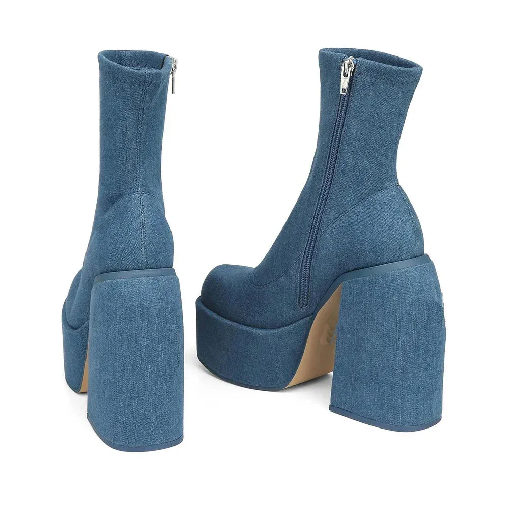 Merendy Sabah Square toe High chunky heeled Side Zipper Denim blue Chelsea boots
