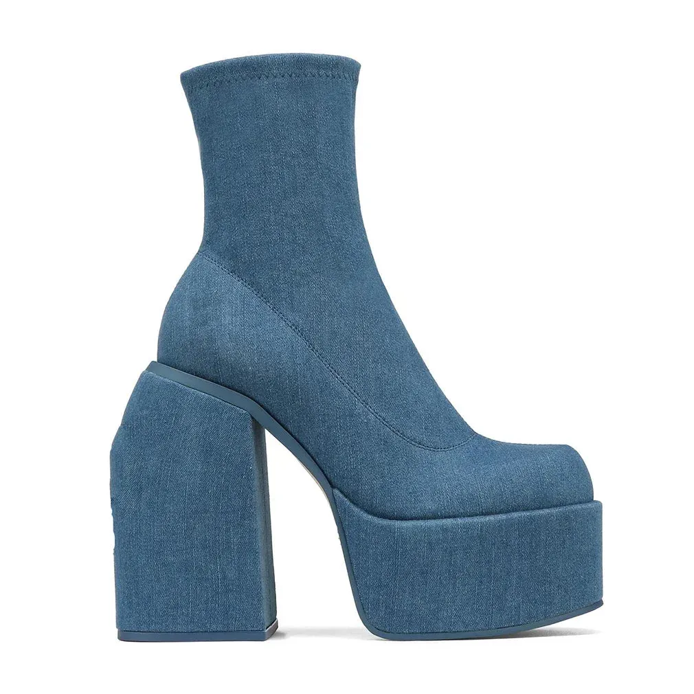 Merendy Sabah Square toe High chunky heeled Side Zipper Denim blue Chelsea boots