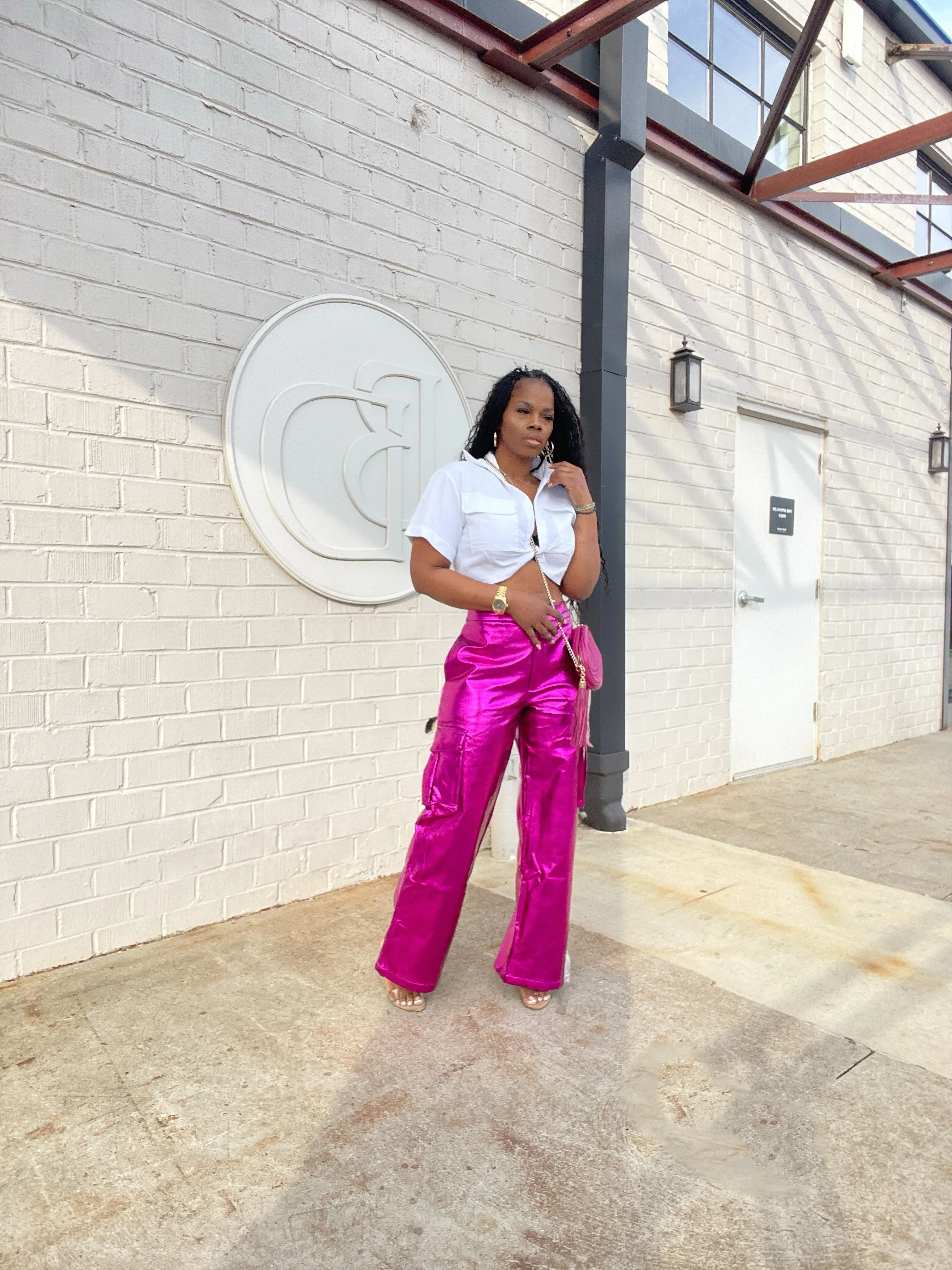 Metallic Leather Cargo Pants