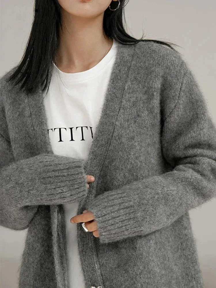 Metaversmall Elegant Fashion Korean Women's V-neck Knitted Cardigan Autumn Solid Color Loose Long Sleeved Women Sweater Top Simple Sweet