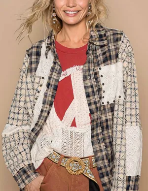 Oversized long sleeve lace contrast shirt in Navy Plaid By Pol LAST ONE!
