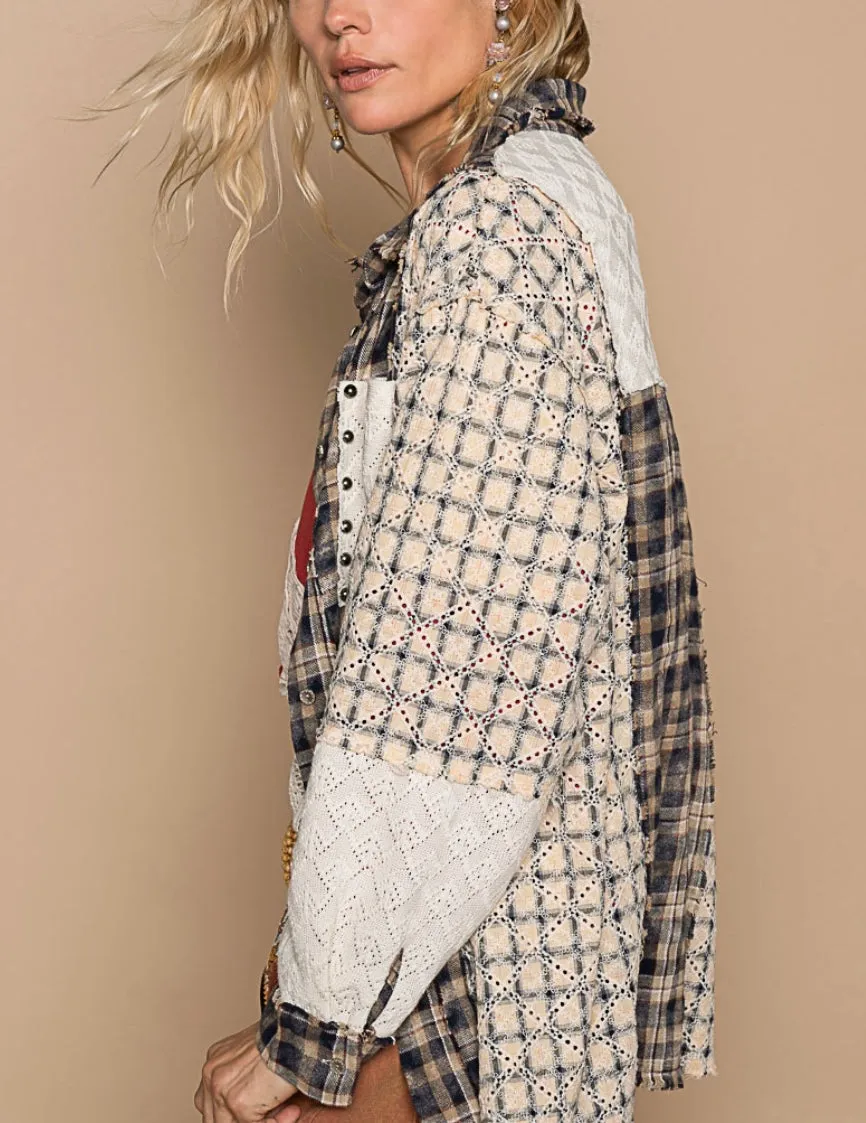 Oversized long sleeve lace contrast shirt in Navy Plaid By Pol LAST ONE!