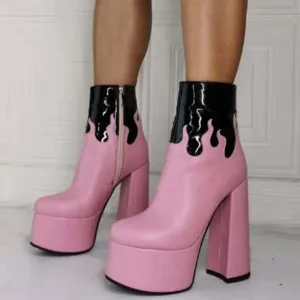 Pink Flame Chunky Heel Zipper Boots