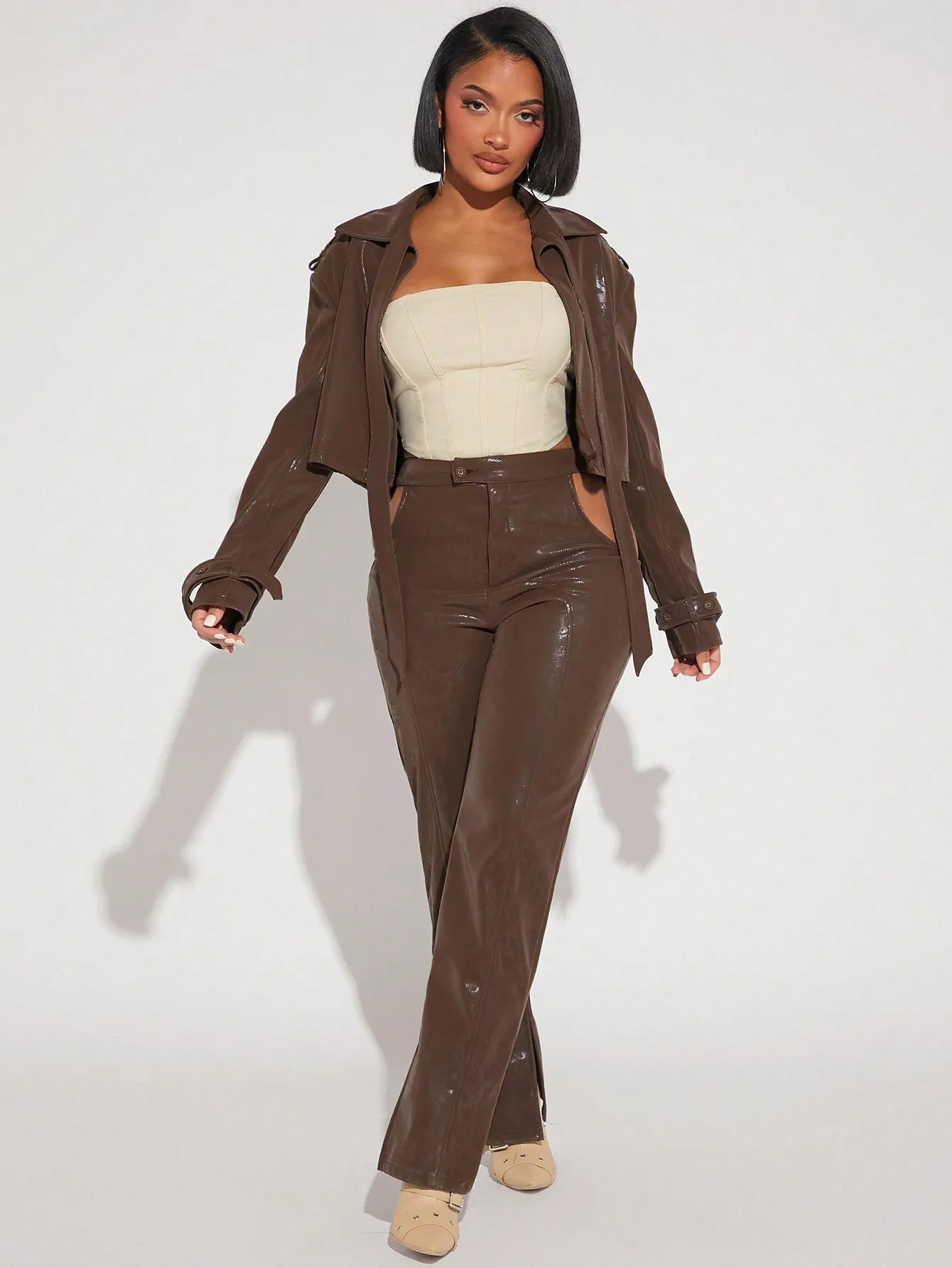 PU Cut Out Pants Jacket Set