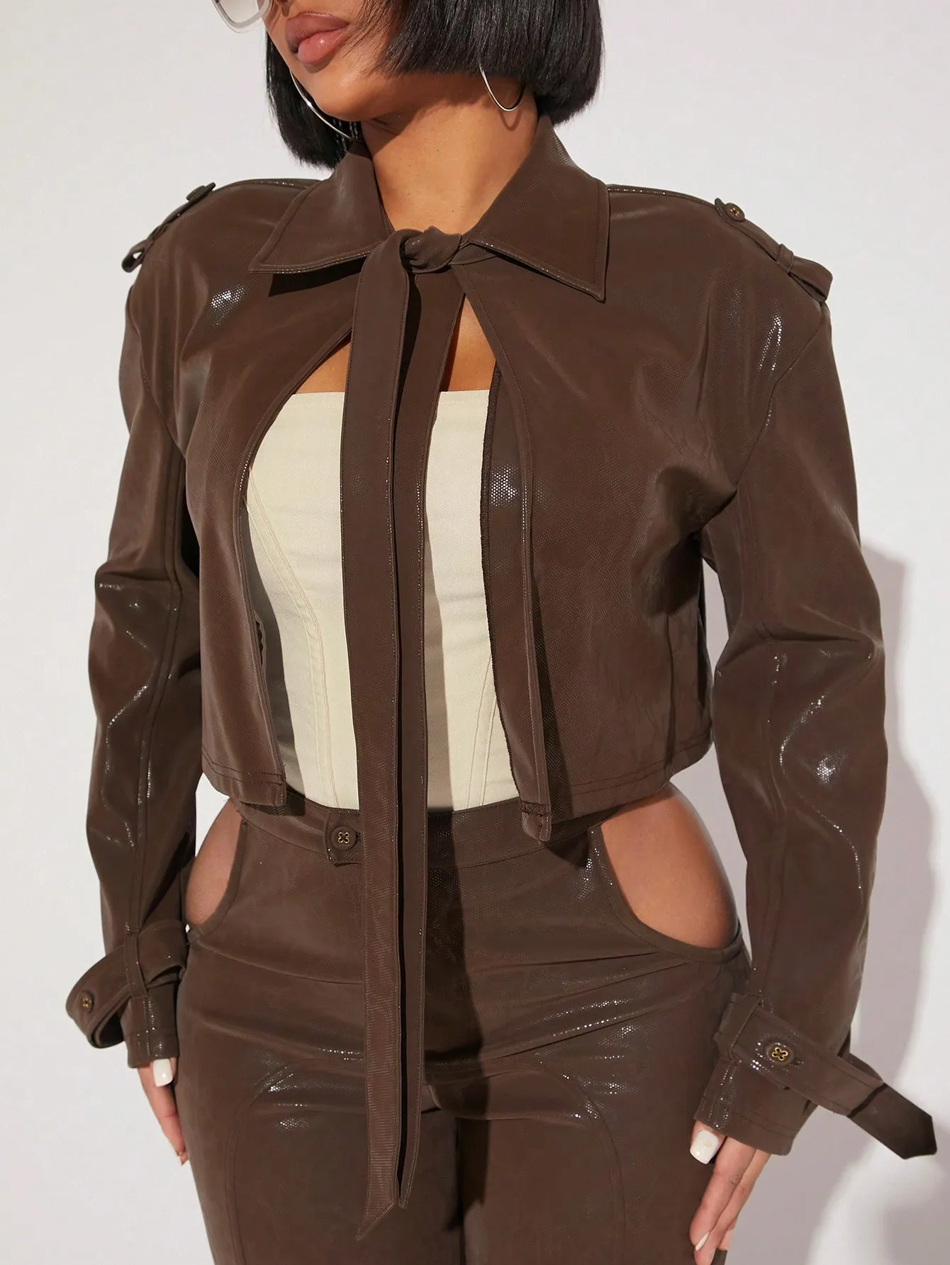 PU Cut Out Pants Jacket Set