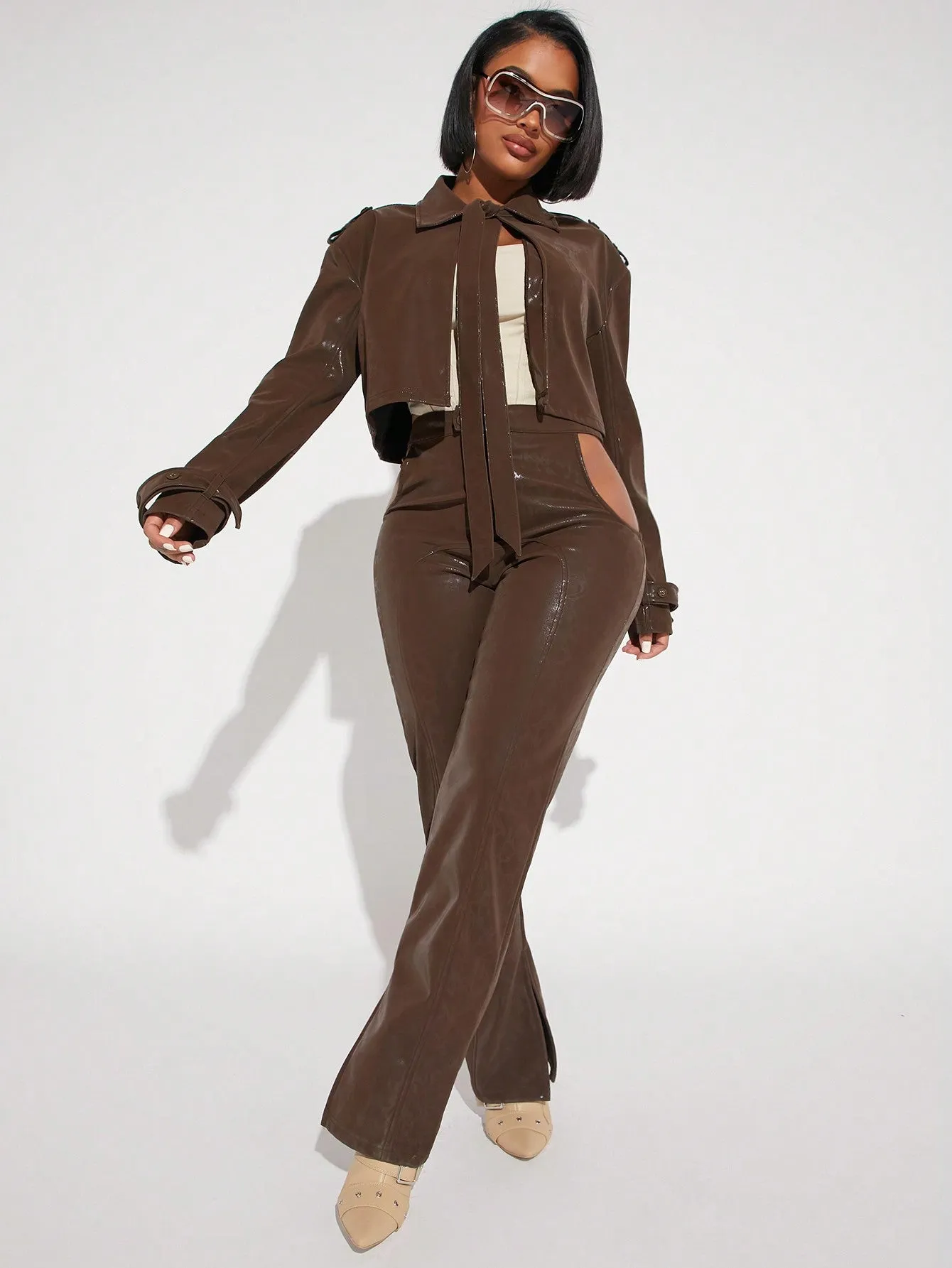 PU Cut Out Pants Jacket Set