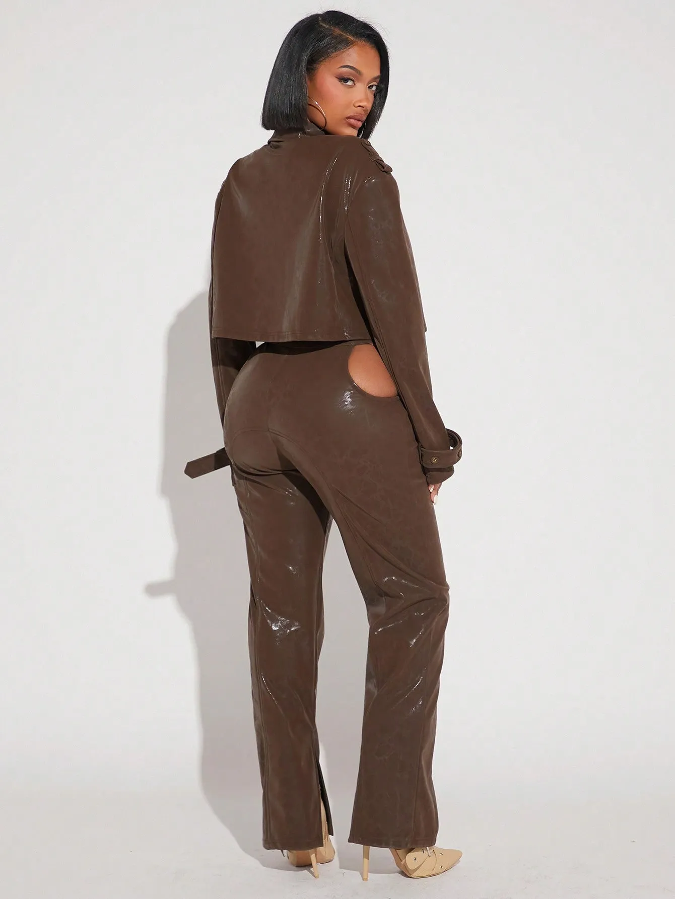 PU Cut Out Pants Jacket Set