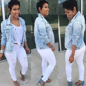Pure Color Holes Pocket Decoration Short Denim Jacket