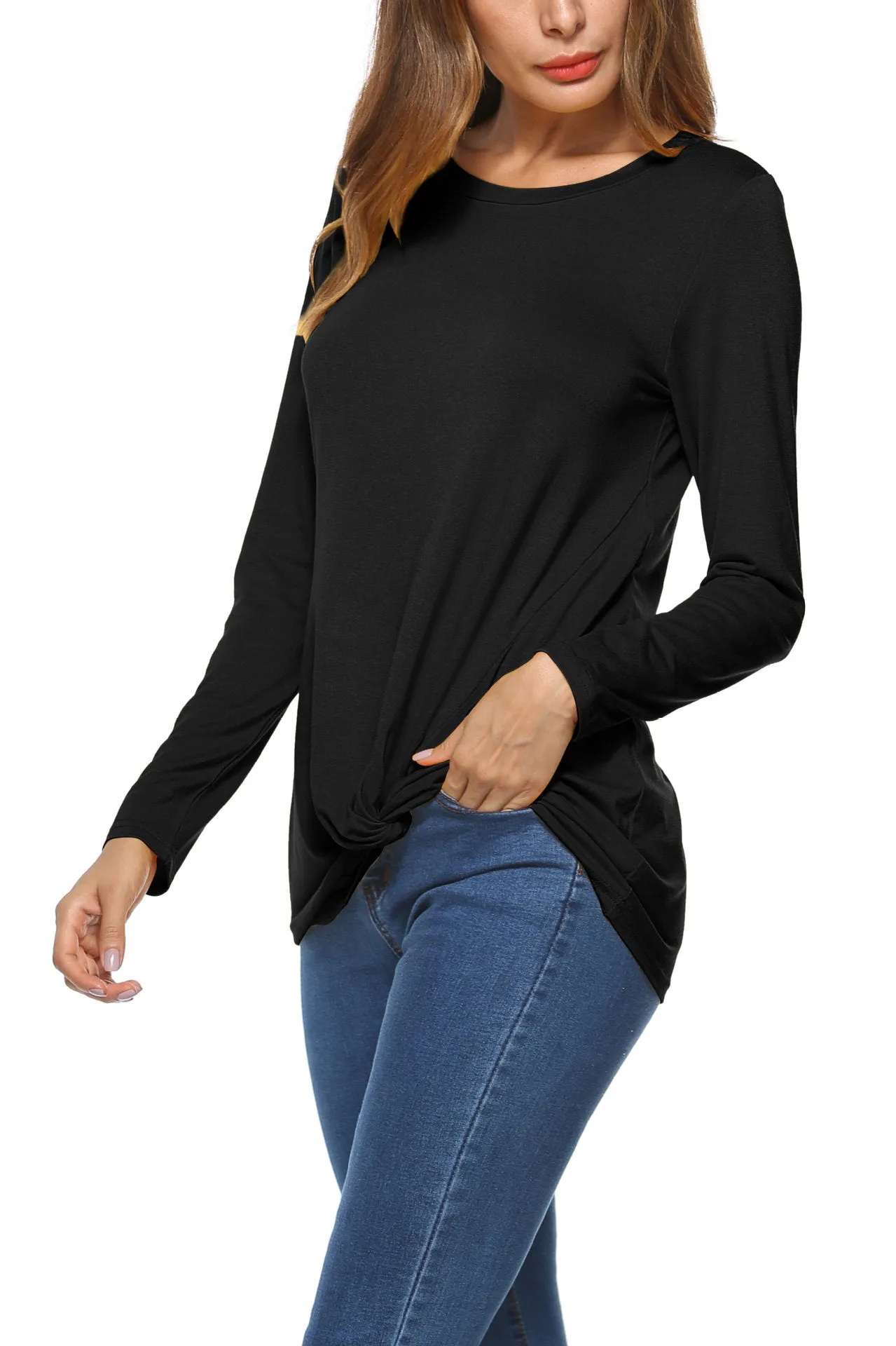 Pure Color Round Neck Irregular Loose Sleeve Blouse