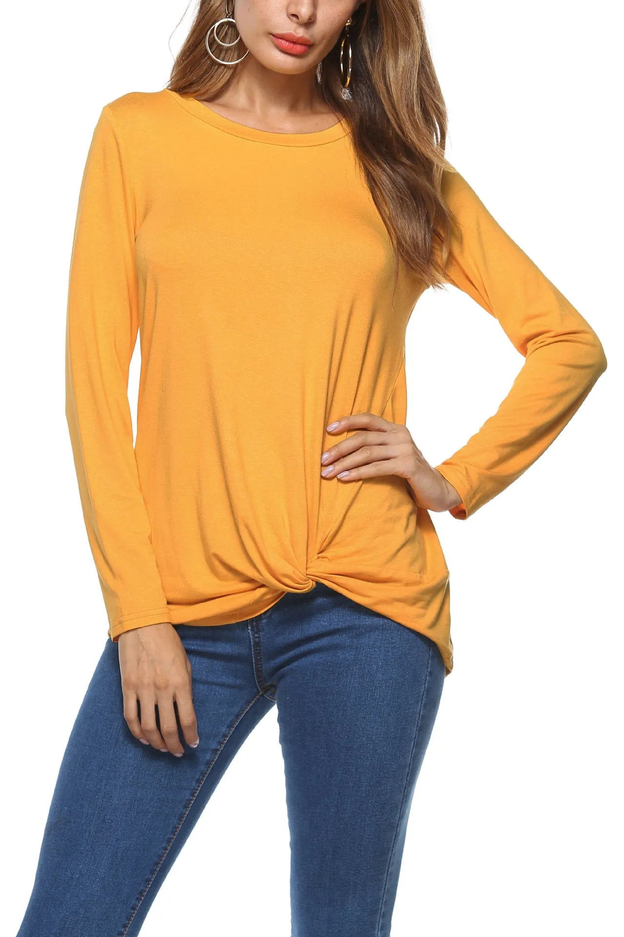 Pure Color Round Neck Irregular Loose Sleeve Blouse