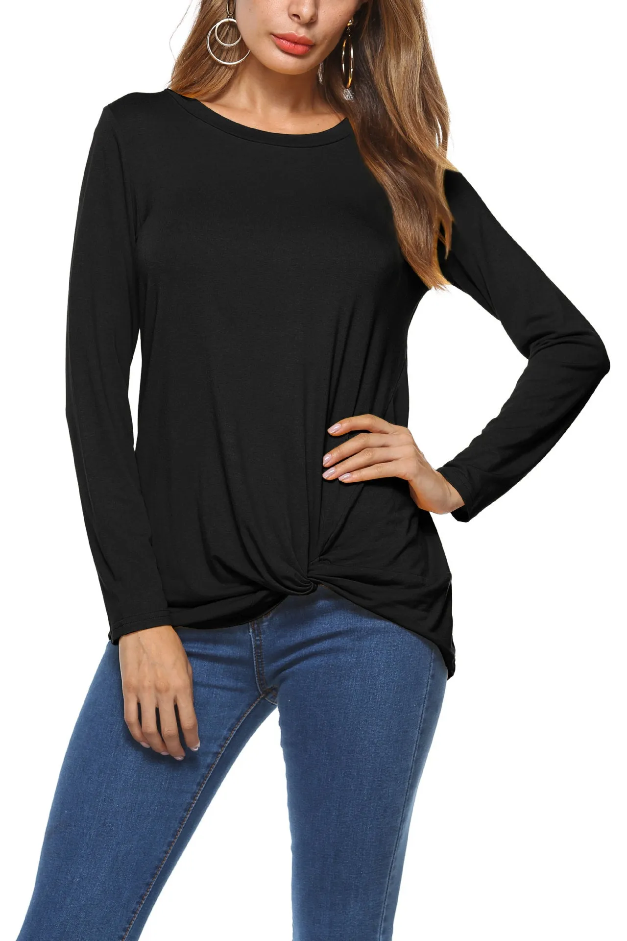 Pure Color Round Neck Irregular Loose Sleeve Blouse