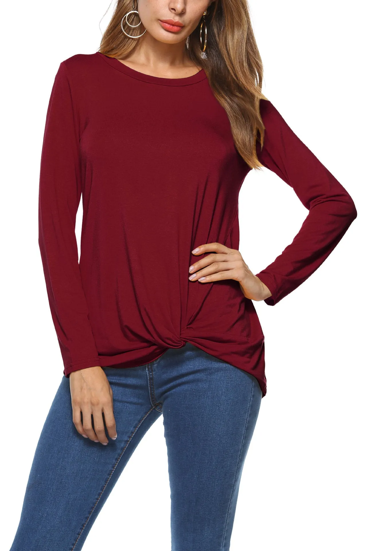 Pure Color Round Neck Irregular Loose Sleeve Blouse