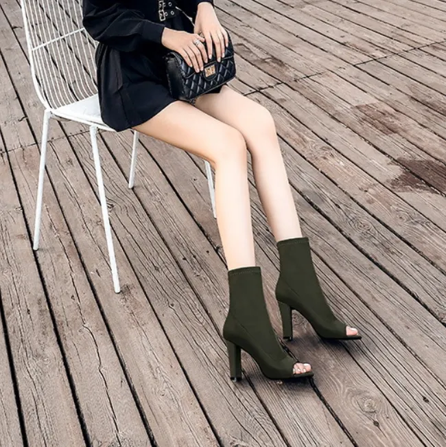 Sexy Peep Toe Stretch Chunky High Heel Calf Boots