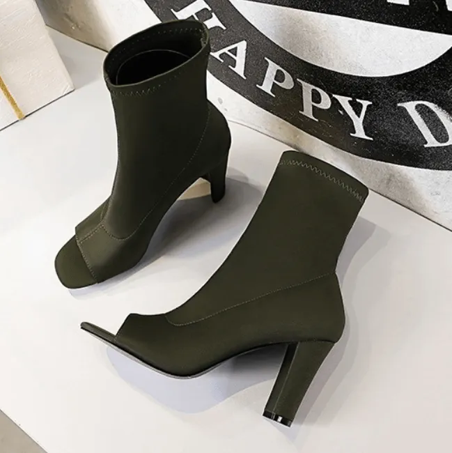 Sexy Peep Toe Stretch Chunky High Heel Calf Boots
