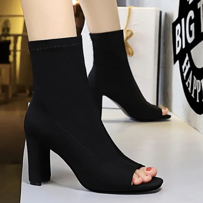Sexy Peep Toe Stretch Chunky High Heel Calf Boots