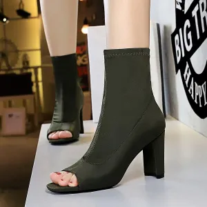 Sexy Peep Toe Stretch Chunky High Heel Calf Boots