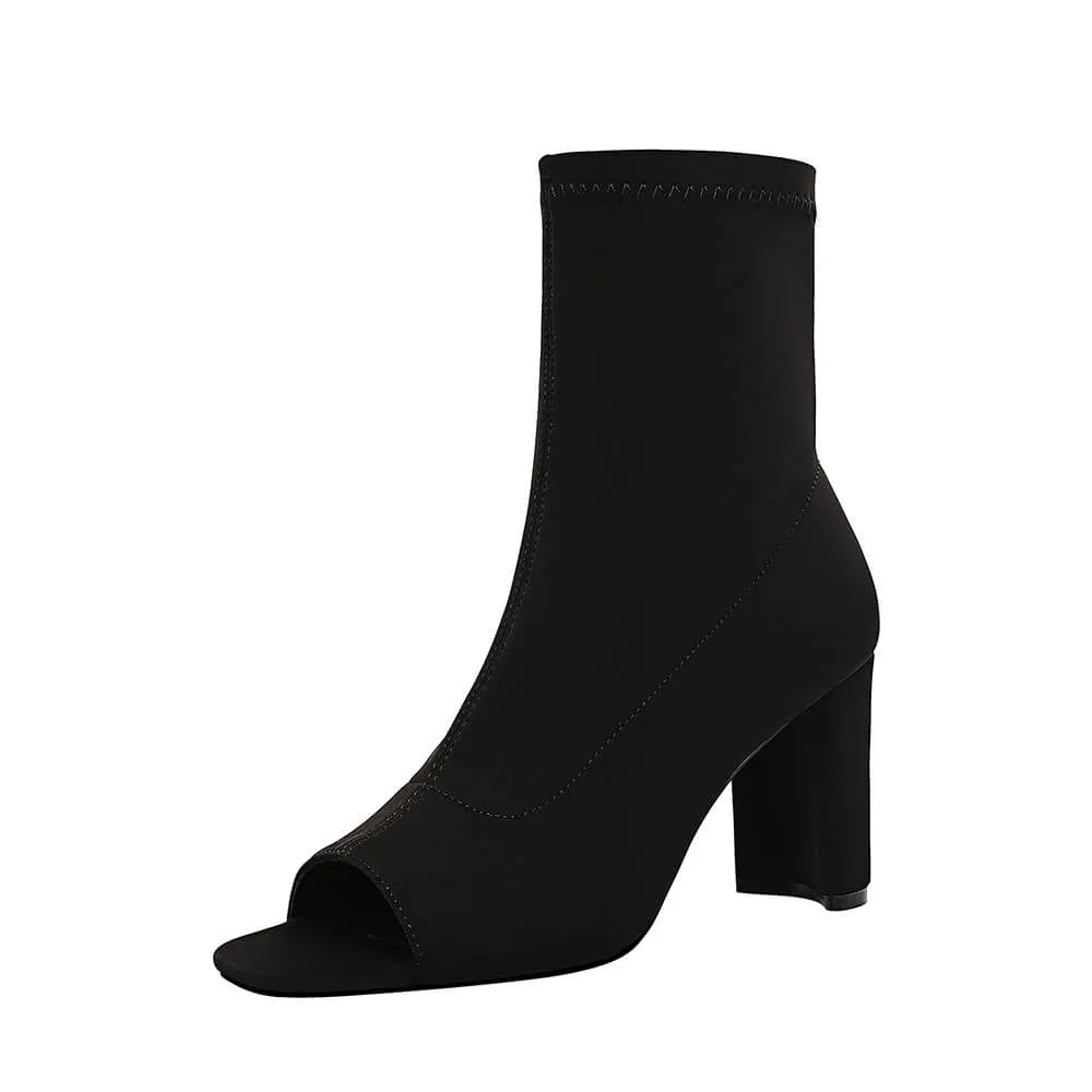 Sexy Peep Toe Stretch Chunky High Heel Calf Boots