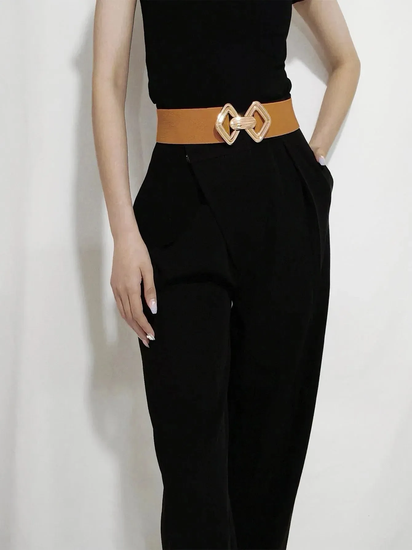 Stylish Geometric Buckle Wide Elastic Belt