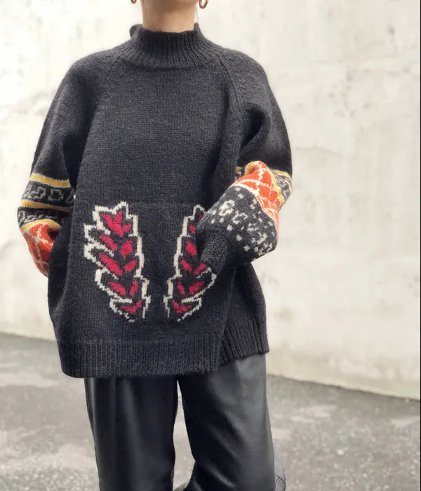 TAN/PAINTING JAQUARD PULLOVER(BLACK)