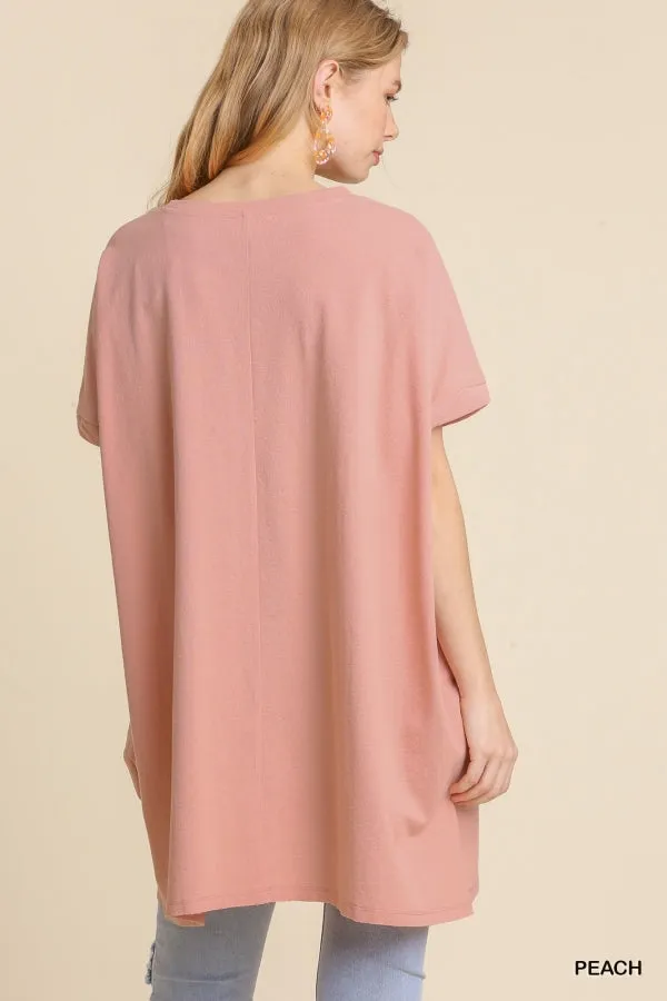 Umgee Kyla Boxy Cotton Knit Womens Tunic Oversized Peach S-L
