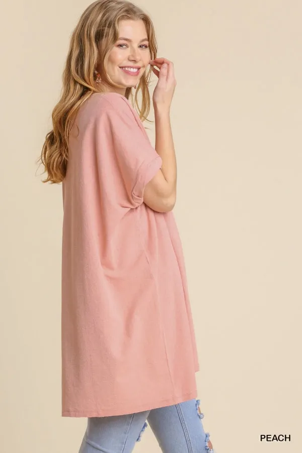 Umgee Kyla Boxy Cotton Knit Womens Tunic Oversized Peach S-L