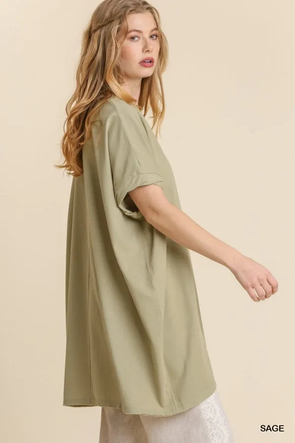 Umgee Kyla Boxy Cotton Knit Womens Tunic Oversized Sage S-L