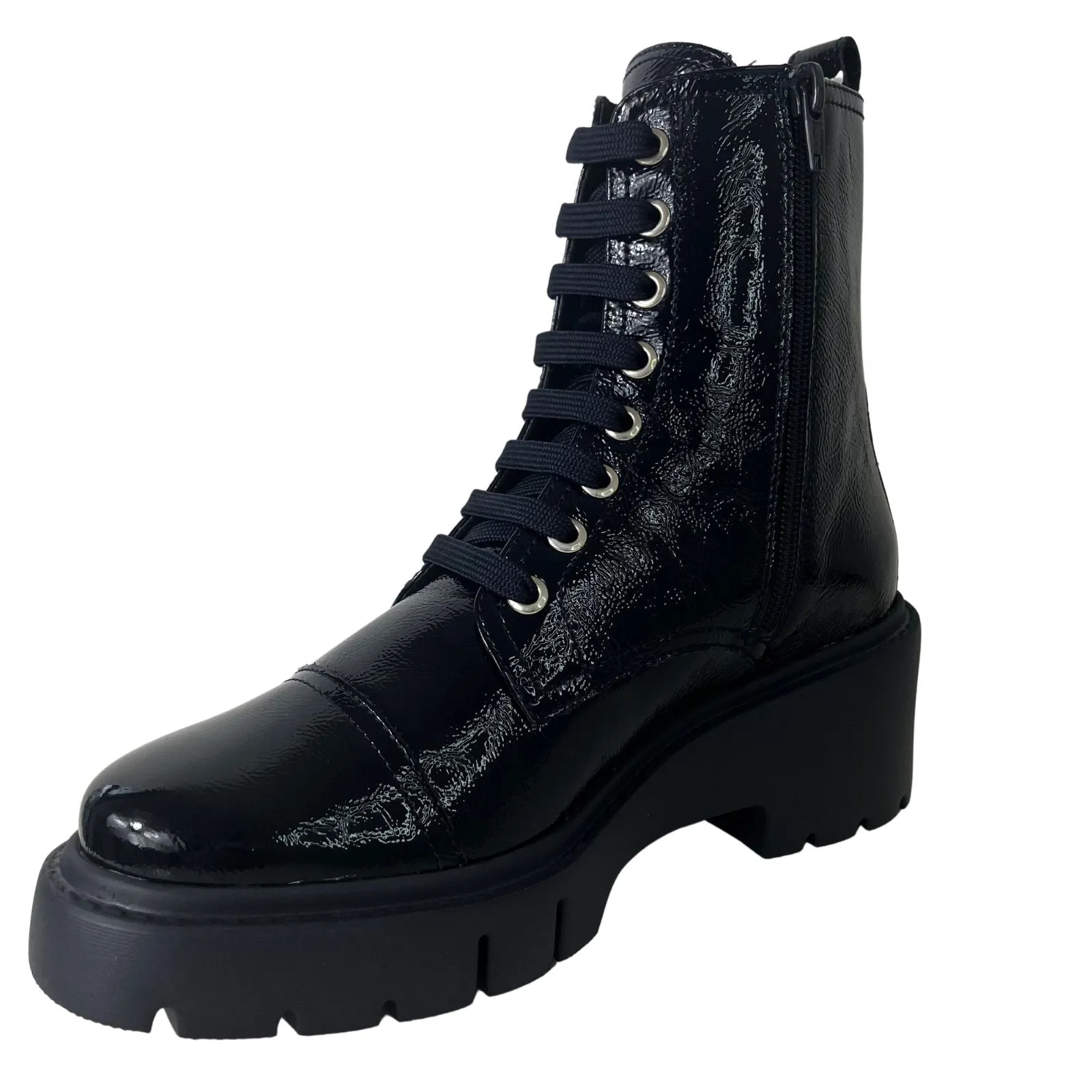 Unisa Juliet Navy Patent Leather Lace Up Boots