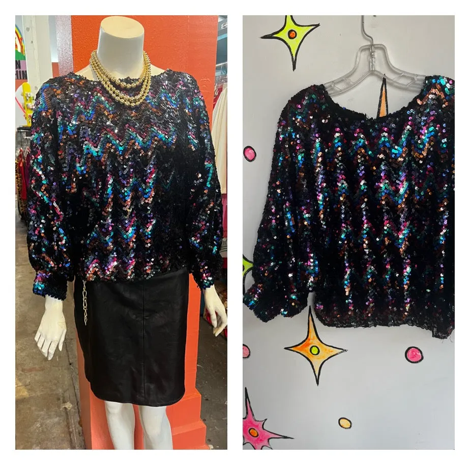 Vintage 70s 80s | Rainbow Sequin Disco Glam Dolman Sleeve Blouse Top | Free Size