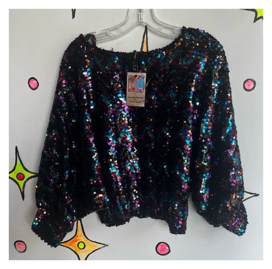 Vintage 70s 80s | Rainbow Sequin Disco Glam Dolman Sleeve Blouse Top | Free Size