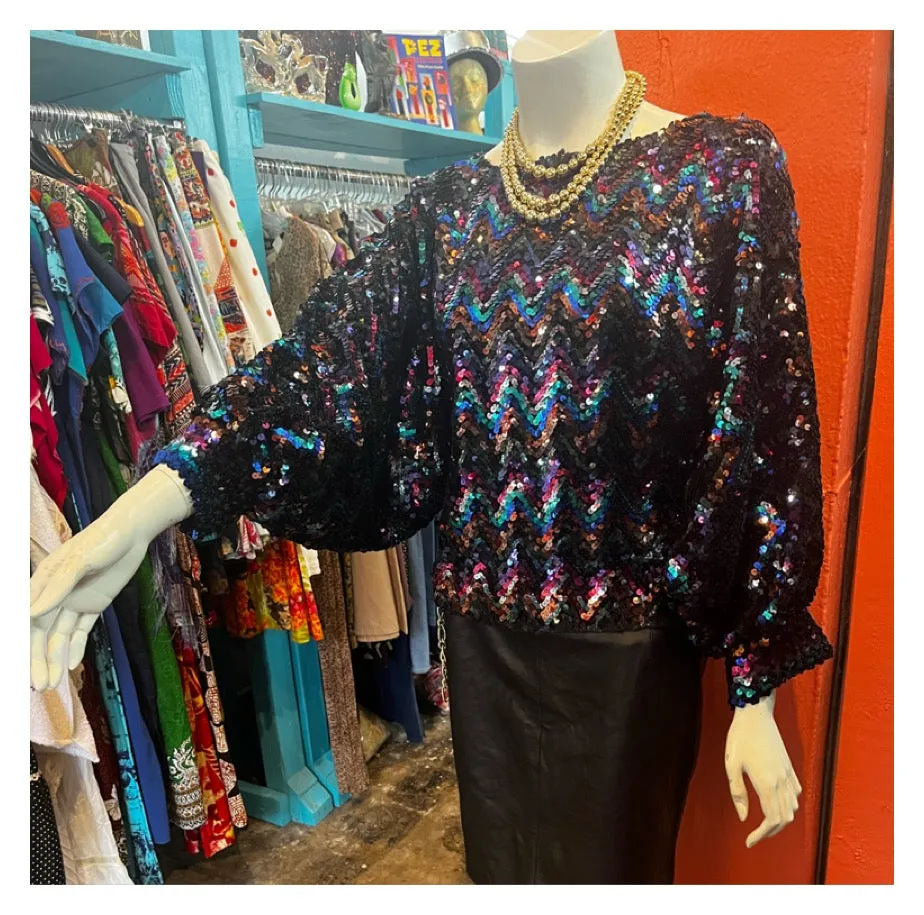 Vintage 70s 80s | Rainbow Sequin Disco Glam Dolman Sleeve Blouse Top | Free Size