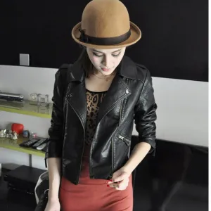 Women Black Zipper Moto Crop Slim Jacket