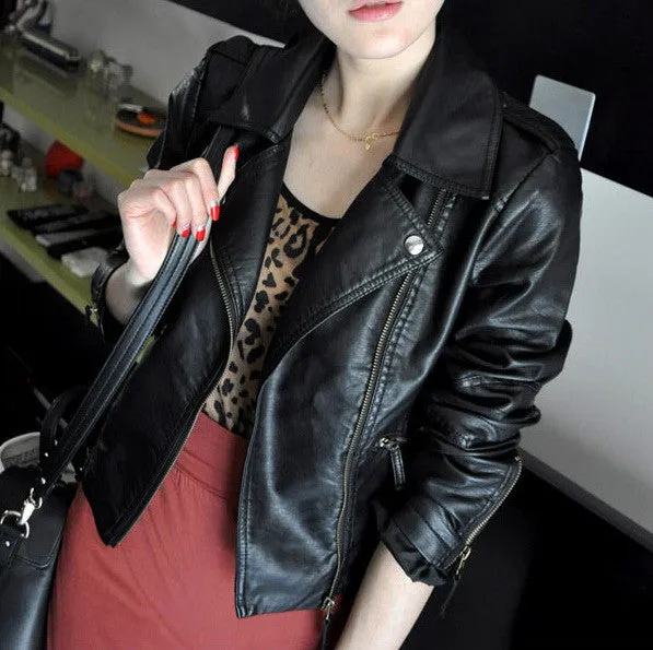 Women Black Zipper Moto Crop Slim Jacket