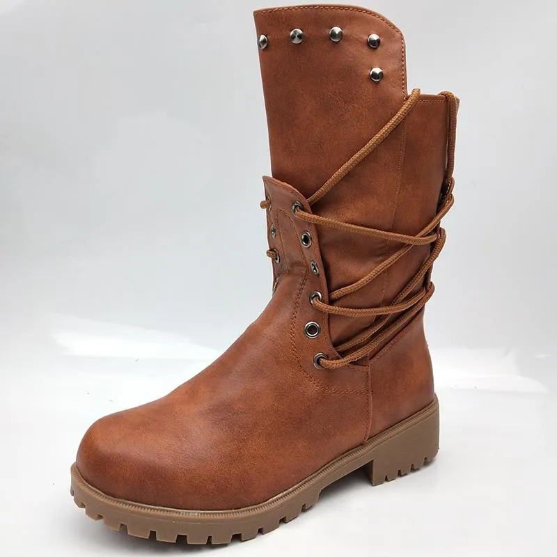 Women Lace Up Back Zipper Studded Western Knight Chunky Heel Platform Boots