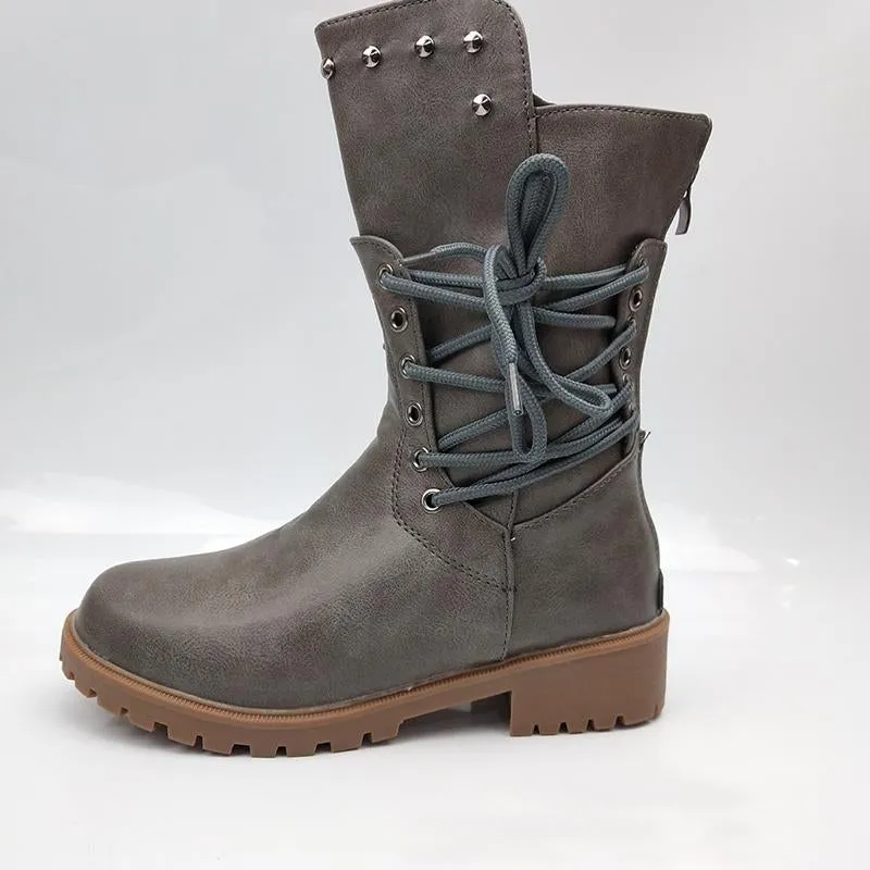 Women Lace Up Back Zipper Studded Western Knight Chunky Heel Platform Boots