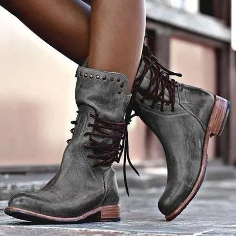 Women Lace Up Back Zipper Studded Western Knight Chunky Heel Platform Boots