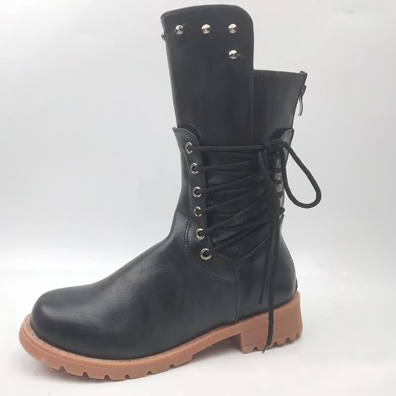 Women Lace Up Back Zipper Studded Western Knight Chunky Heel Platform Boots
