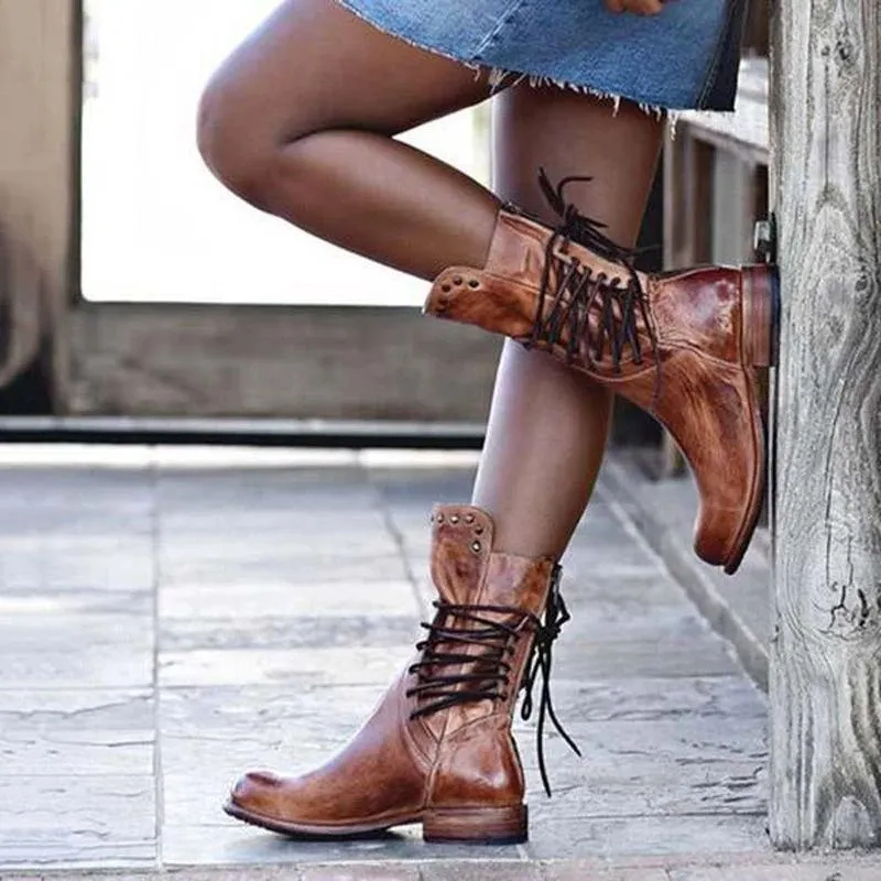 Women Lace Up Back Zipper Studded Western Knight Chunky Heel Platform Boots