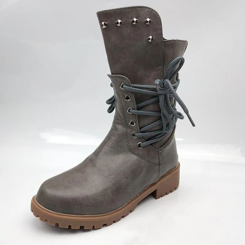 Women Lace Up Back Zipper Studded Western Knight Chunky Heel Platform Boots