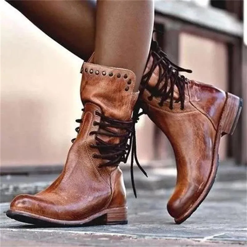 Women Lace Up Back Zipper Studded Western Knight Chunky Heel Platform Boots