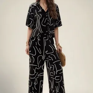 Womens Blouse  Oversized Fit  Breathable Cotton  Abstract Print  Short Sleeve