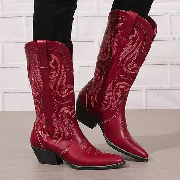 Women's Embroidered Chunky Heel Mid-Calf Boots 93259013C