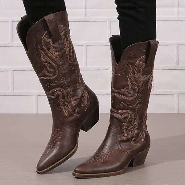 Women's Embroidered Chunky Heel Mid-Calf Boots 93259013C
